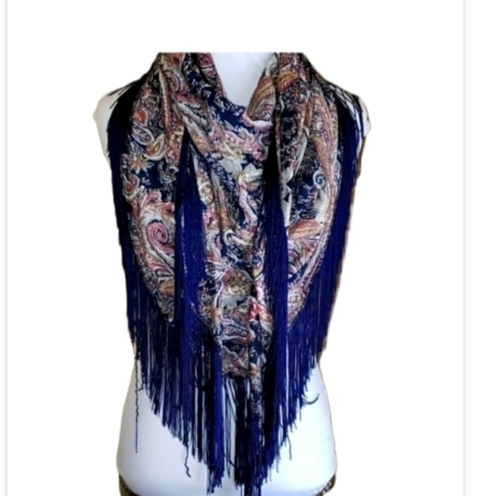Gorgeous Navy Rust Cream‎ Paisley Scarf w/ Navy Blue Long Fringe - Picture 2 of 6